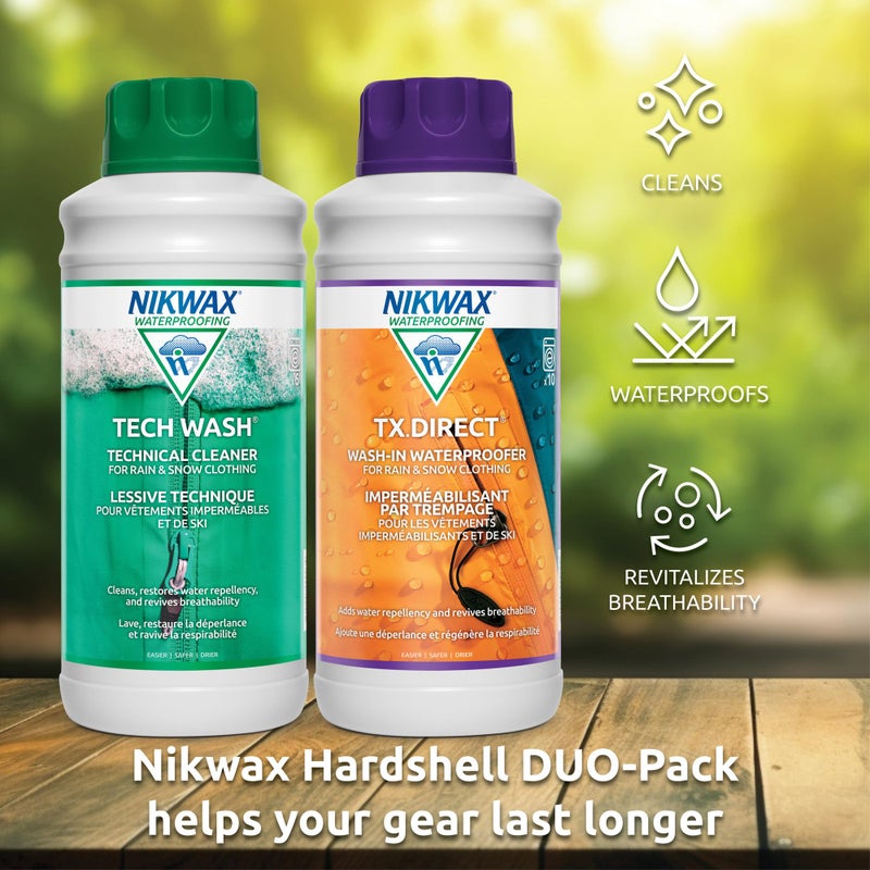 Nikwax Hardshell Cleaning & Waterproofing Duo-Pack, 1000ml, Cleans and Restores Water Repellency on Jackets, Rain, Ski, and Snow Gear, Outerwear, Safe for Gore-Tex and DWR - Image 3