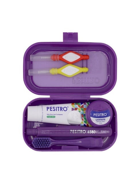 PESITRO Dental Travel Kit with UltraSoft Travel Toothbrush, Toothpaste, UHMWPE Dental Floss & Interdental Brushes | Compact Oral Care Set for Travel, Office & Daily Use | Assorted Color
