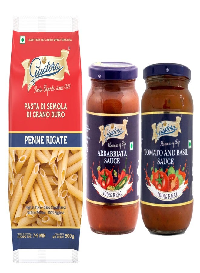 Gustora Combo Pack of Penne Pasta 500g, Tomato Basil & Arrabiata Sauce 400g Each I Italian Pasta & Sauce Combo I Rich in protein & fibre with Zero cholesterol I No Trans Fats - 900gm - Image 1
