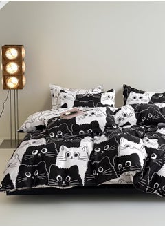 LUNA Home Single 4-piece reversible duvet cover set featuring an adorable black and white cat design.  - Image 1