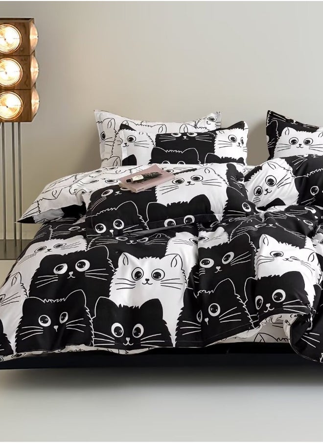 LUNA Home - Single 4-piece reversible duvet cover set featuring an adorable black and white cat design. - Image 1