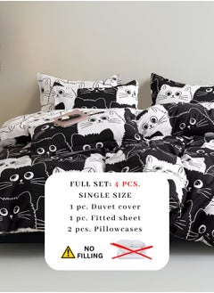 LUNA Home Single 4-piece reversible duvet cover set featuring an adorable black and white cat design.  - Image 3