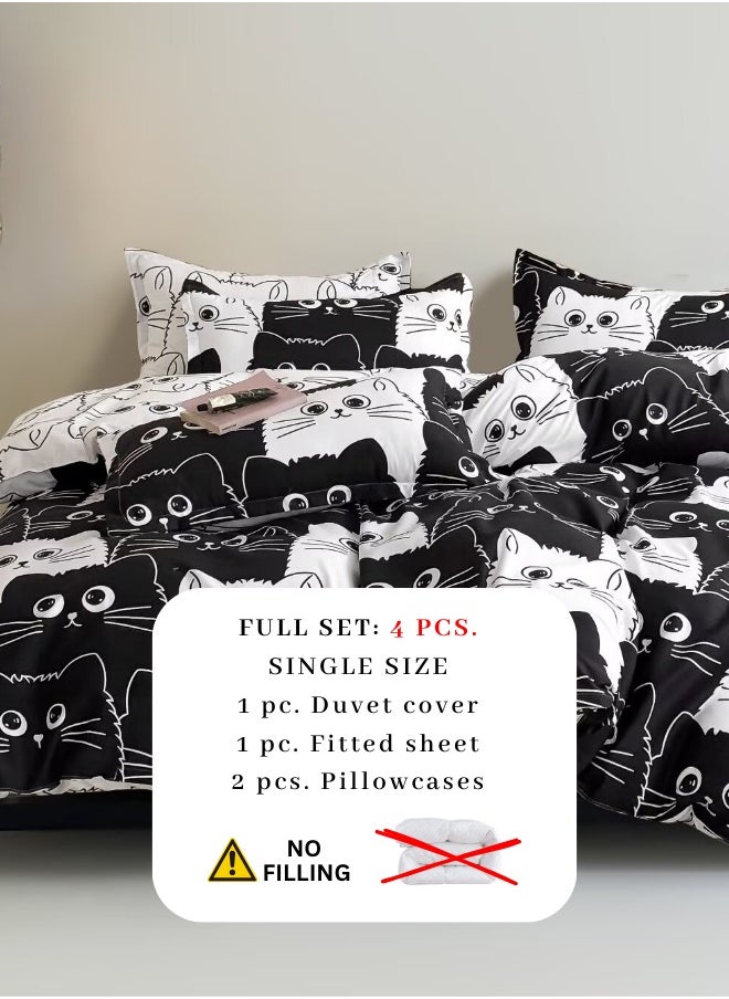 LUNA Home - Single 4-piece reversible duvet cover set featuring an adorable black and white cat design. - Image 1