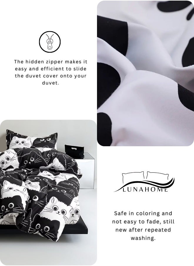 LUNA Home - Single 4-piece reversible duvet cover set featuring an adorable black and white cat design. - Image 1