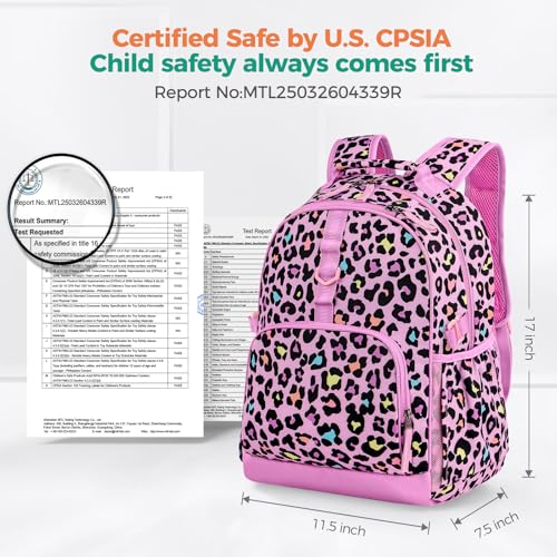 Choco Mocha Cheetah Backpack for Girls, Elementary School Backpack for Girls Ages 6-8 Kids Kindergarten Backpack Bookbag 17 Inch with Chest Strap, Pink - Image 3