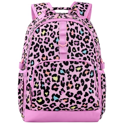 Choco Mocha Cheetah Backpack for Girls, Elementary School Backpack for Girls Ages 6-8 Kids Kindergarten Backpack Bookbag 17 Inch with Chest Strap, Pink - Image 1