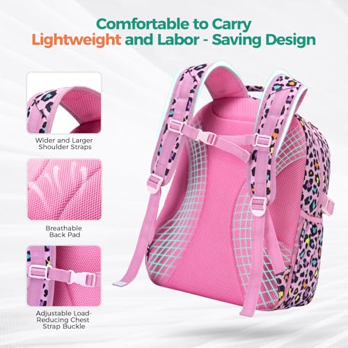 Choco Mocha Cheetah Backpack for Girls, Elementary School Backpack for Girls Ages 6-8 Kids Kindergarten Backpack Bookbag 17 Inch with Chest Strap, Pink - Image 5