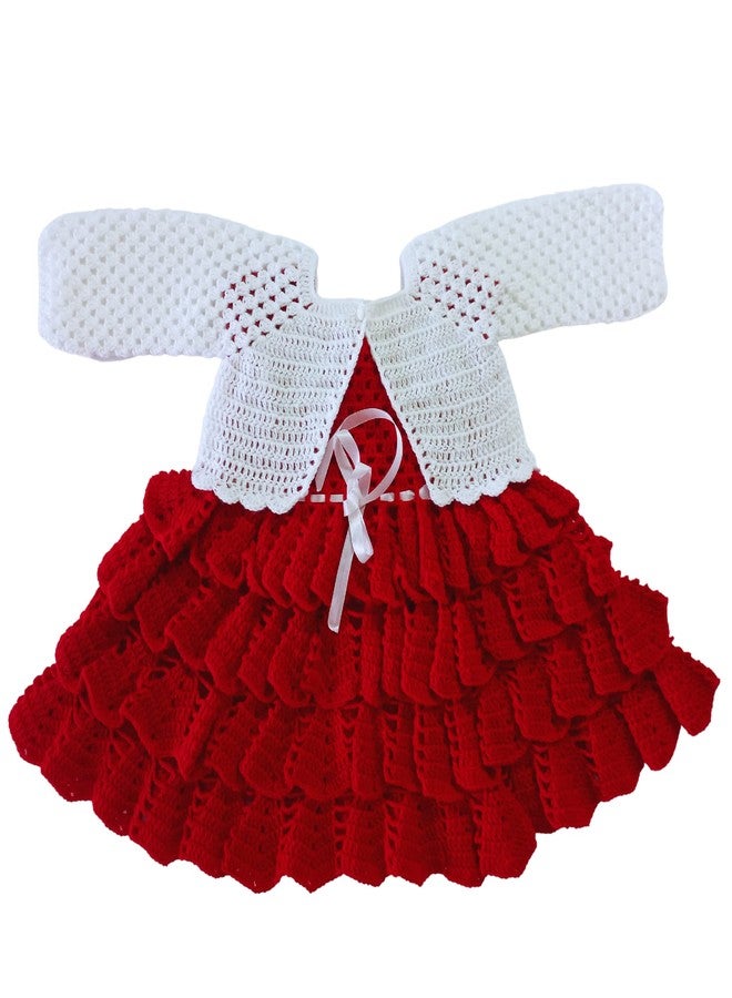 DORCHIS Baby Girl Woolen Frock - Handmade Red Color Flared Midi Frock with White Shrug/Jacket for 2 Year to 30 Months Baby (Crochet Knit) - Image 1