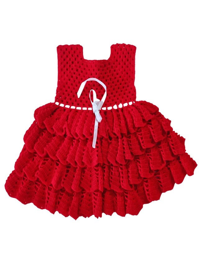 DORCHIS Baby Girl Woolen Frock - Handmade Red Color Flared Midi Frock with White Shrug/Jacket for 2 Year to 30 Months Baby (Crochet Knit) - Image 3