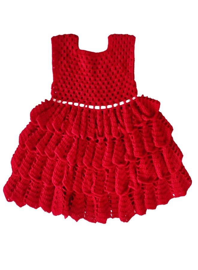 DORCHIS Baby Girl Woolen Frock - Handmade Red Color Flared Midi Frock with White Shrug/Jacket for 2 Year to 30 Months Baby (Crochet Knit) - Image 4