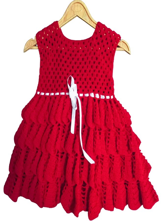 DORCHIS Baby Girl Woolen Frock - Handmade Red Color Flared Midi Frock with White Shrug/Jacket for 2 Year to 30 Months Baby (Crochet Knit) - Image 5