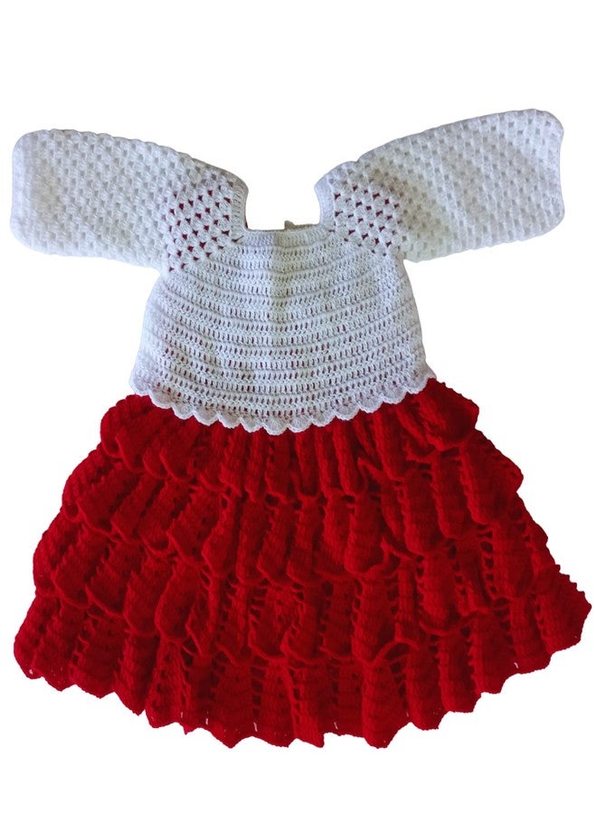 DORCHIS Baby Girl Woolen Frock - Handmade Red Color Flared Midi Frock with White Shrug/Jacket for 2 Year to 30 Months Baby (Crochet Knit) - Image 2