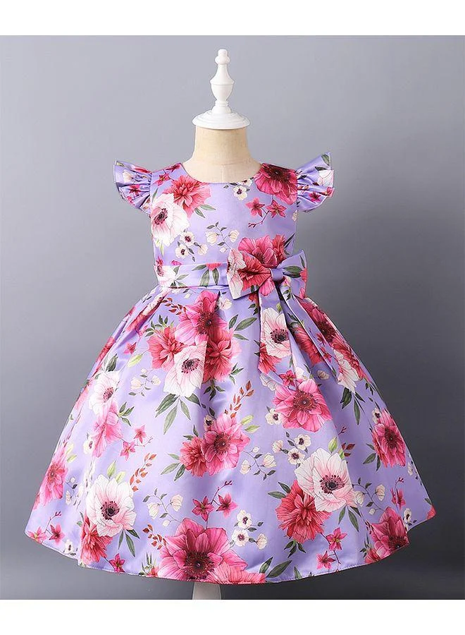 Mark & Mia Mark & Mia Floral Printed Bow Detail Short Sleeves Party Dress - Pink/Purple