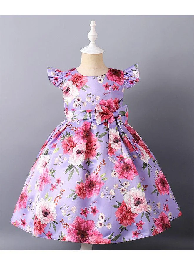 Mark & Mia Mark & Mia Floral Printed Bow Detail Short Sleeves Party Dress - Pink/Purple
