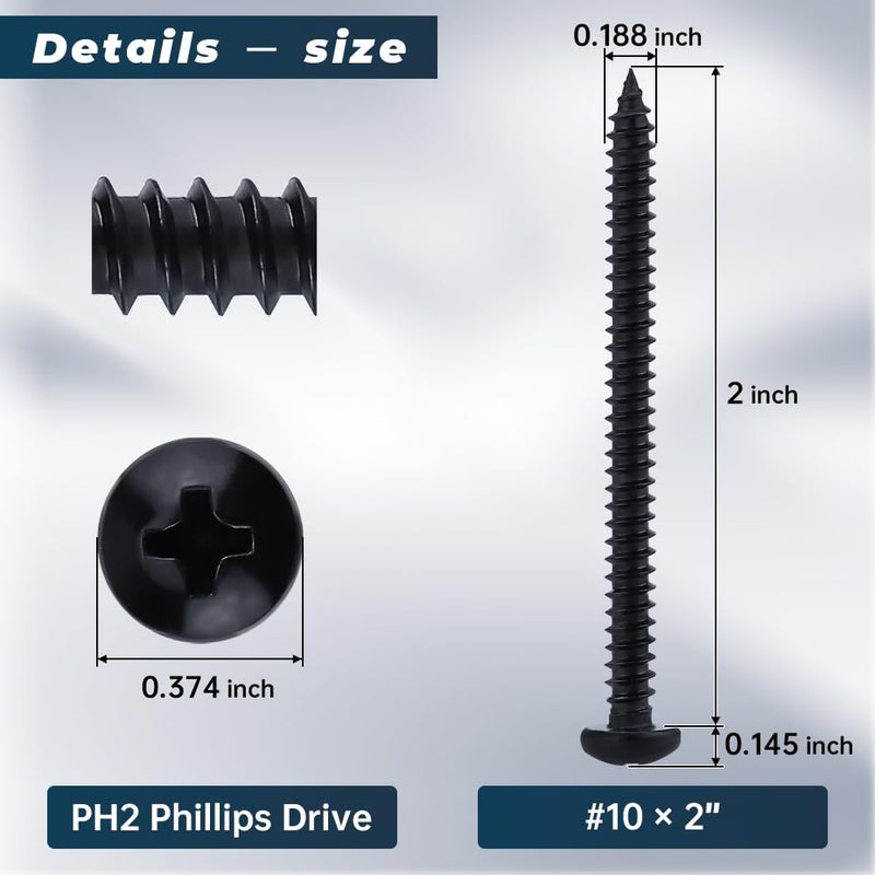 Glvaner #10 x 2 inch Phillips Pan Head Self Tapping Screws for Wood, Black Coated, 304 Stainless Steel 18-8, Round Head Sheet Metal Tek Screws, 50 pcs - Image 3