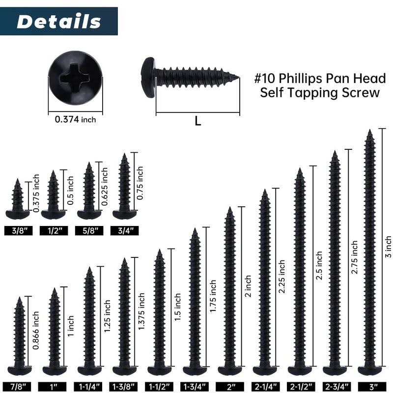 Glvaner #10 x 2 inch Phillips Pan Head Self Tapping Screws for Wood, Black Coated, 304 Stainless Steel 18-8, Round Head Sheet Metal Tek Screws, 50 pcs - Image 4
