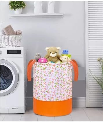 ink craft Flower Print Laundry Bag 45 L Durable and Collapsible Laundry storage Bag with Side Handles Clothes Toys Storage Foldable Laundry Basket pack of 1 Orange - Image 2