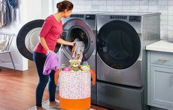 ink craft Flower Print Laundry Bag 45 L Durable and Collapsible Laundry storage Bag with Side Handles Clothes Toys Storage Foldable Laundry Basket pack of 1 Orange - Image 4