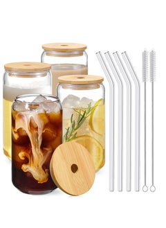 MIXDE Drinking Glasses with Bamboo Lids and Glass Straw 4 pcs Set - 16 oz Can Shaped Glass Cups,Beer Glasses,Iced Coffee Glasses,Tumbler Cup,Ideal for Cocktail  - Image 1