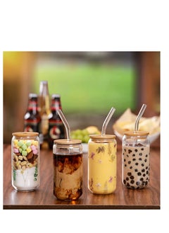 MIXDE Drinking Glasses with Bamboo Lids and Glass Straw 4 pcs Set - 16 oz Can Shaped Glass Cups,Beer Glasses,Iced Coffee Glasses,Tumbler Cup,Ideal for Cocktail  - Image 4