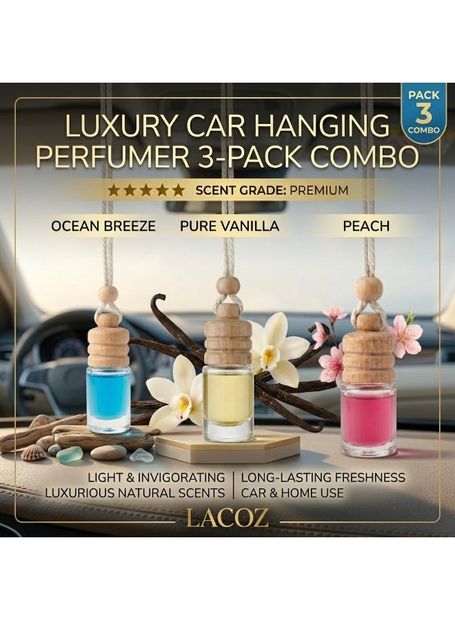 لاكوز معطر هواء فاخر للسيارة (7.5 مل) - موزع معلق يدوم طويلاً بزيوت عطرية - رائحة أنيقة للسيارة والمنزل والمكتب - عبوة من 3 قطع (روائح: المحيط، الفانيليا، الخوخ) - Image 2