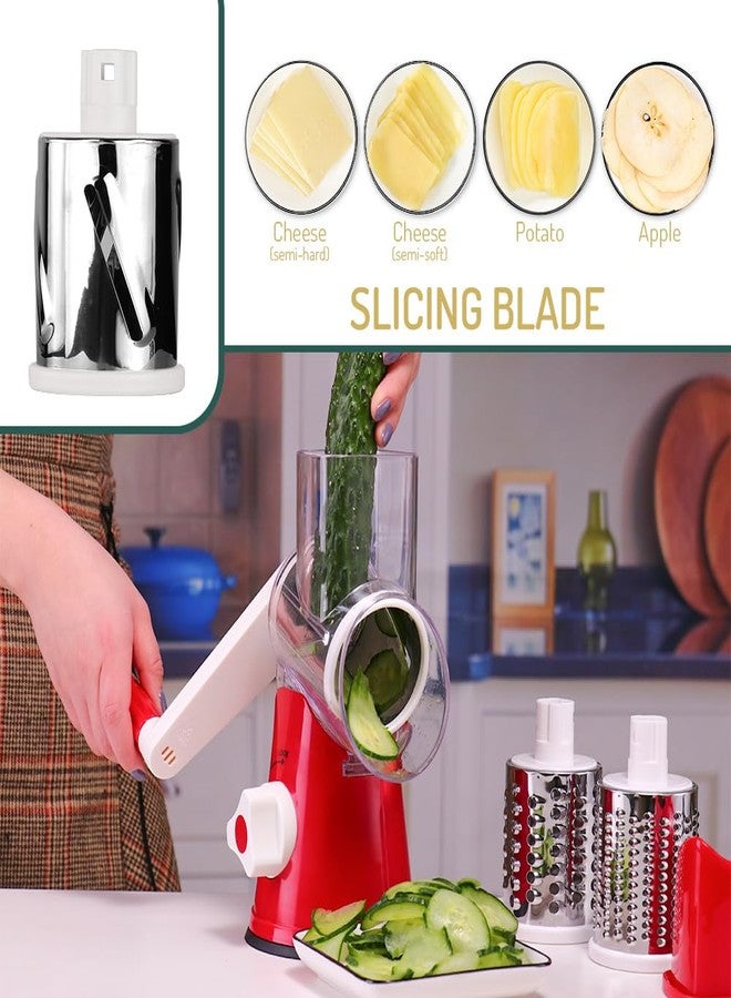 Maxceysen Rotary Cheese Grater with Handle Vegetable Shredder Round Kitchen Slicer Mandoline Grater for Vegetable, Nuts, Chocolate, Cheese, White, 3 Stainless Steel Blades - Image 3