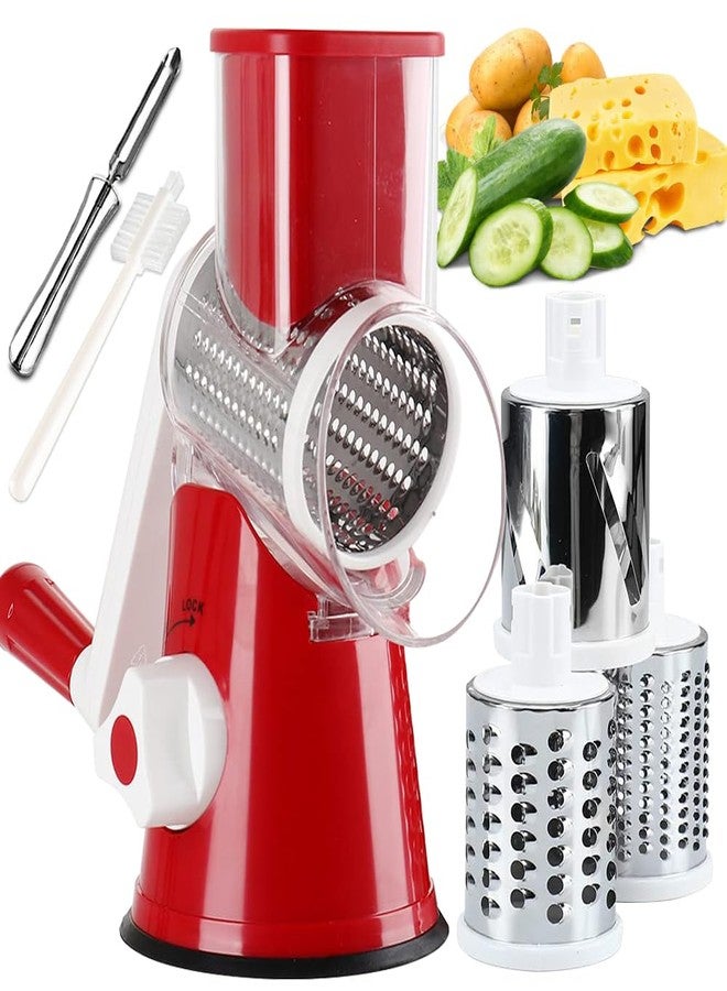 Maxceysen Rotary Cheese Grater with Handle Vegetable Shredder Round Kitchen Slicer Mandoline Grater for Vegetable, Nuts, Chocolate, Cheese, White, 3 Stainless Steel Blades - Image 2