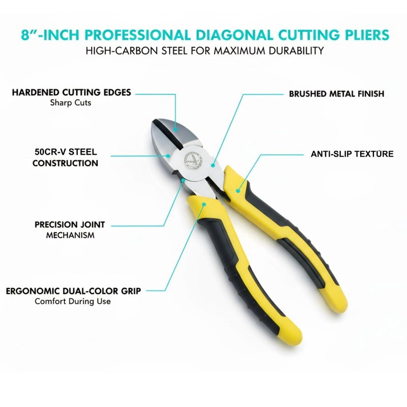 Warmtree 8-Inch Heavy Duty Diagonal Cutting Pliers, 50CrV Steel with 65HRC Hardened Cutting Edges, Bi-Material Anti-Slip Grip - Ideal for Electrical Wire, Cable & Metal Cutting - Image 3