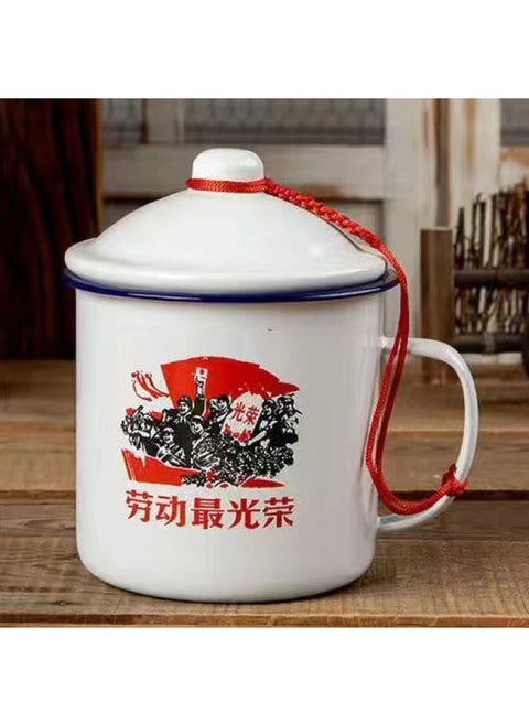 Old-fashioned Nostalgic Thickened Double-lined Iron Tea Jar With Lid Veteran Cadres Cup Cup Cup Cup Cup Optional Pattern Printing-Color:Labor Is The Most Glorious-Capacity:10cm 700ml (with Lid)