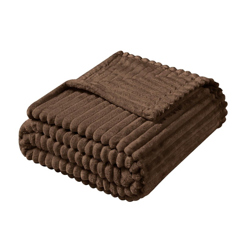 Vessia Flannel Fleece Throw Blanket 300GSM Cozy Brown Striped Throw for Couch Sofa and Bed Warm and Soft Chocolate Microfiber Ribbed Blanket for All Season50x40inch - Image 2