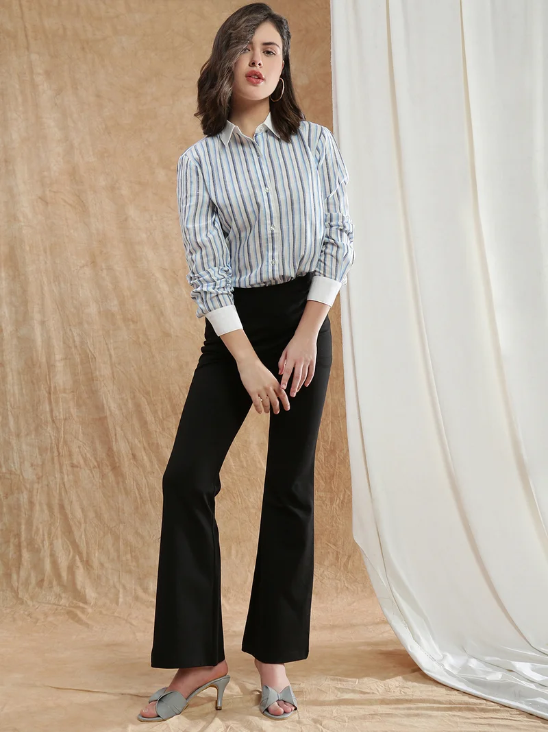 globus Globus Women Blue Striped Spread Collar Cuffed Sleeve Workwear Shirt