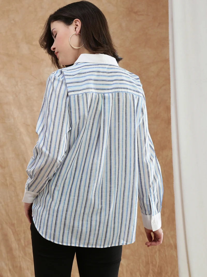 globus Globus Women Blue Striped Spread Collar Cuffed Sleeve Workwear Shirt