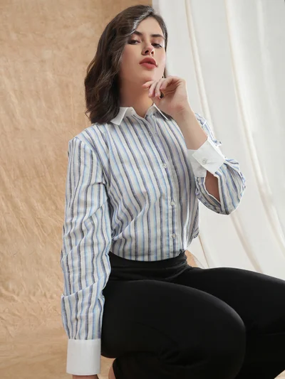 globus Globus Women Blue Striped Spread Collar Cuffed Sleeve Workwear Shirt