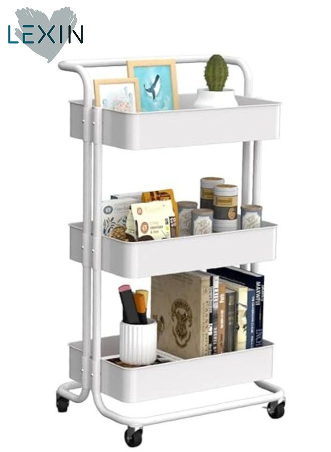 LEXIN 3-Tier Mesh Utility Cart, Rolling Metal Storage Cart, Metal Frame and Metal Tray with Handle and Lockable Wheels, Multi-Function Storage Rack for Kitchen Living Room Office White - Image 1