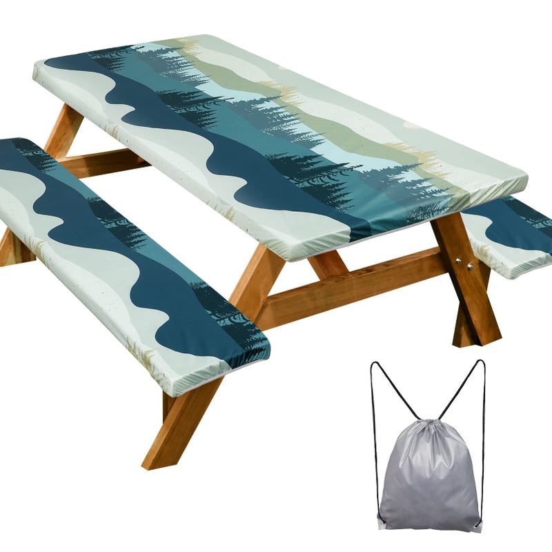 Play Tailor Picnic Table Cover with Bench Covers Camping Essentials Waterproof Windproof Camping Tablecloth with Drawstring Bag, Fitted Rectangle Tables and Seats, 72in, Green Blue - Image 1