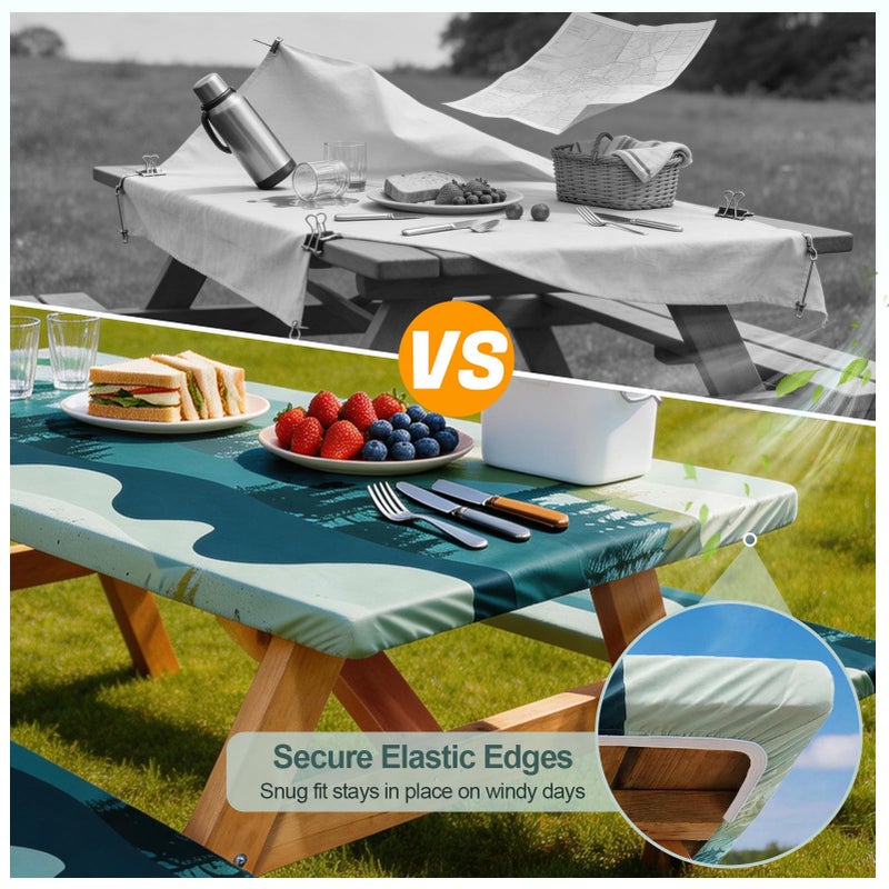 Play Tailor Picnic Table Cover with Bench Covers Camping Essentials Waterproof Windproof Camping Tablecloth with Drawstring Bag, Fitted Rectangle Tables and Seats, 72in, Green Blue - Image 3