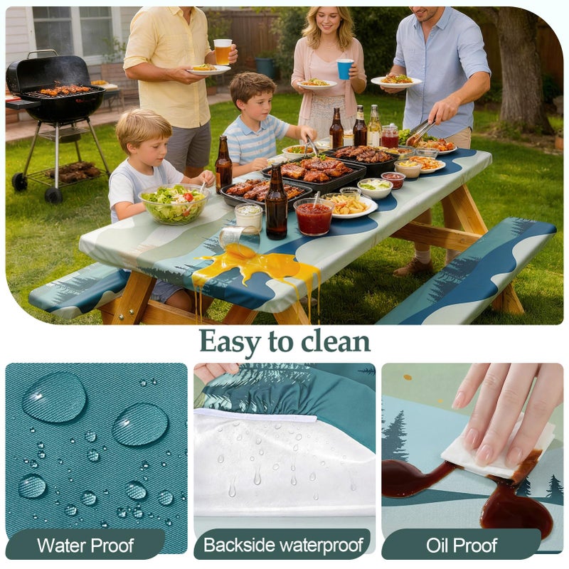 Play Tailor Picnic Table Cover with Bench Covers Camping Essentials Waterproof Windproof Camping Tablecloth with Drawstring Bag, Fitted Rectangle Tables and Seats, 72in, Green Blue - Image 4