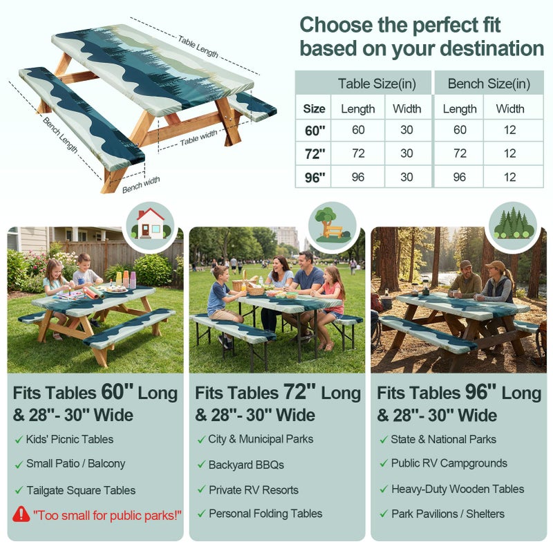 Play Tailor Picnic Table Cover with Bench Covers Camping Essentials Waterproof Windproof Camping Tablecloth with Drawstring Bag, Fitted Rectangle Tables and Seats, 72in, Green Blue - Image 5