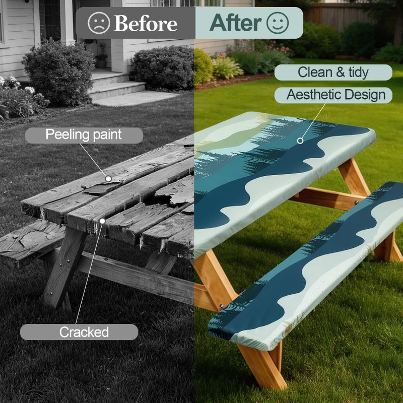 Play Tailor Picnic Table Cover with Bench Covers Camping Essentials Waterproof Windproof Camping Tablecloth with Drawstring Bag, Fitted Rectangle Tables and Seats, 72in, Green Blue - Image 2