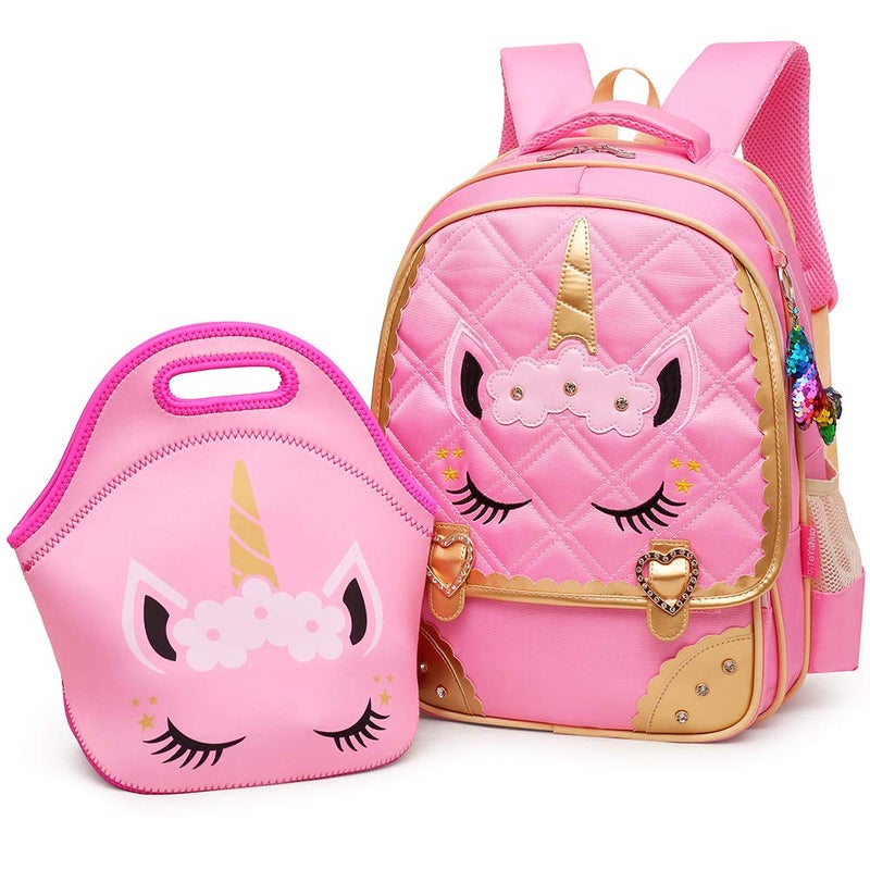 Moonmo Cute Unicorn Face Diamond Bling Waterproof Pink School Backpack Set Girls Book Bag Large Pink Set