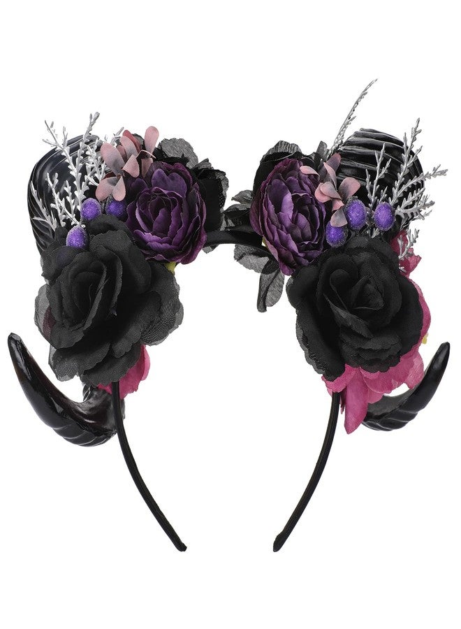 MOSTORY Black Sheep Horn Headband - Gothic Horn Headband Big Devil Horns Hairband with Flower for Women Witch Renaissance Renfaire Halloween Goth Cosplay Accessory Photo Shoot - Image 1