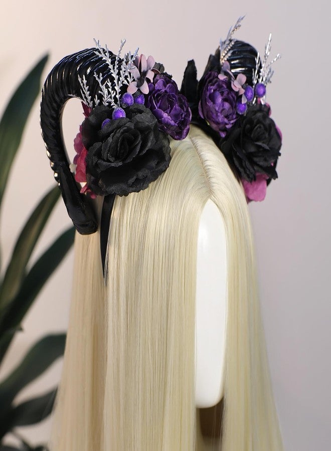 MOSTORY Black Sheep Horn Headband - Gothic Horn Headband Big Devil Horns Hairband with Flower for Women Witch Renaissance Renfaire Halloween Goth Cosplay Accessory Photo Shoot - Image 4