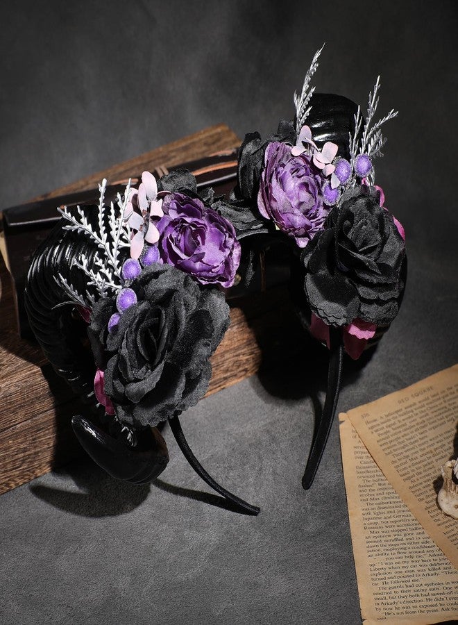 MOSTORY Black Sheep Horn Headband - Gothic Horn Headband Big Devil Horns Hairband with Flower for Women Witch Renaissance Renfaire Halloween Goth Cosplay Accessory Photo Shoot - Image 5