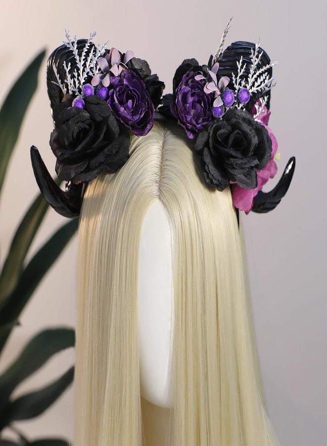 MOSTORY Black Sheep Horn Headband - Gothic Horn Headband Big Devil Horns Hairband with Flower for Women Witch Renaissance Renfaire Halloween Goth Cosplay Accessory Photo Shoot - Image 3