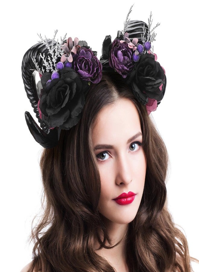 MOSTORY Black Sheep Horn Headband - Gothic Horn Headband Big Devil Horns Hairband with Flower for Women Witch Renaissance Renfaire Halloween Goth Cosplay Accessory Photo Shoot - Image 2