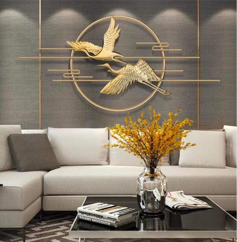 Zove Golden Flying Bird Wall Art with Metal Circle Frame Modern Living Room Decor Decor for Living Room Bedroom RestaurantHotel Golden 48 x22 inch - Image 1