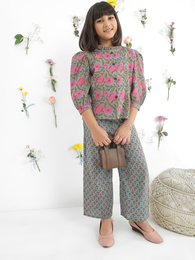 Globus Girls Grey Frilled Mandarin Neck Puff Sleeves Floral Print Shirt With Pants Fusion Co-Ord Set - Image 1