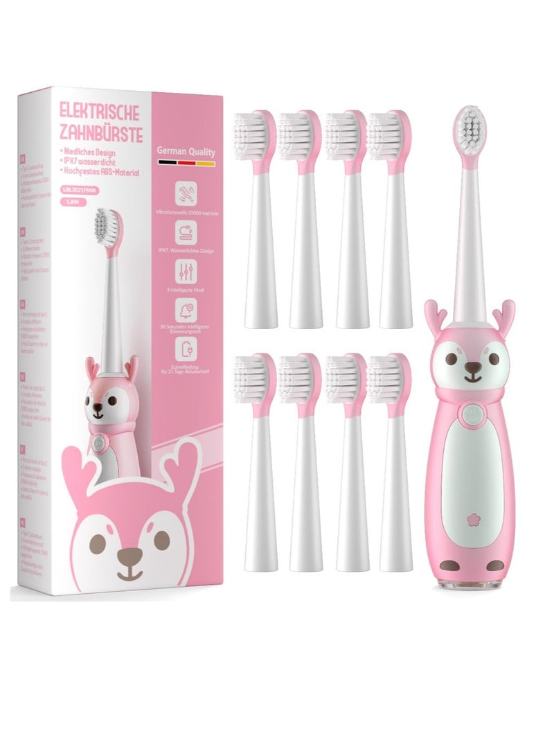 عام فرشاة أسنان كهربائية للأطفال بعمر 3 سنوات فما فوق، مقاومة للماء IPX7، 3 أوضاع ذكية مع ذاكرة، تتضمن 8 رؤوس فرشاة بديلة، وردي - Image 1