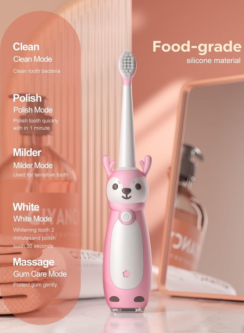 عام فرشاة أسنان كهربائية للأطفال بعمر 3 سنوات فما فوق، مقاومة للماء IPX7، 3 أوضاع ذكية مع ذاكرة، تتضمن 8 رؤوس فرشاة بديلة، وردي - Image 2