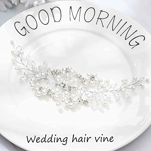 JONKY Pearl Bride Wedding Hair Vine Silver Rhinestone Headpiece Bridal Hair Accessories for Women - Image 2